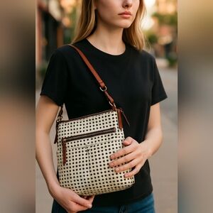 Vtg Fossil Poka Dot Women's Hand Bag Purse City Scape Fashion